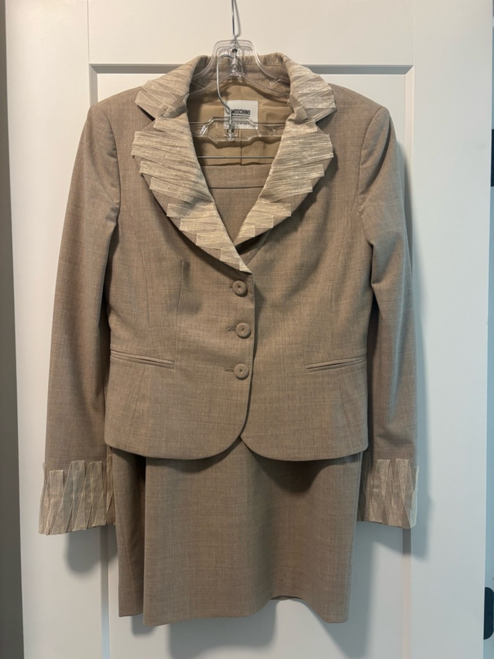 Moschino Taupe Ruffle Collar Blazer Jacket & Skirt Suit